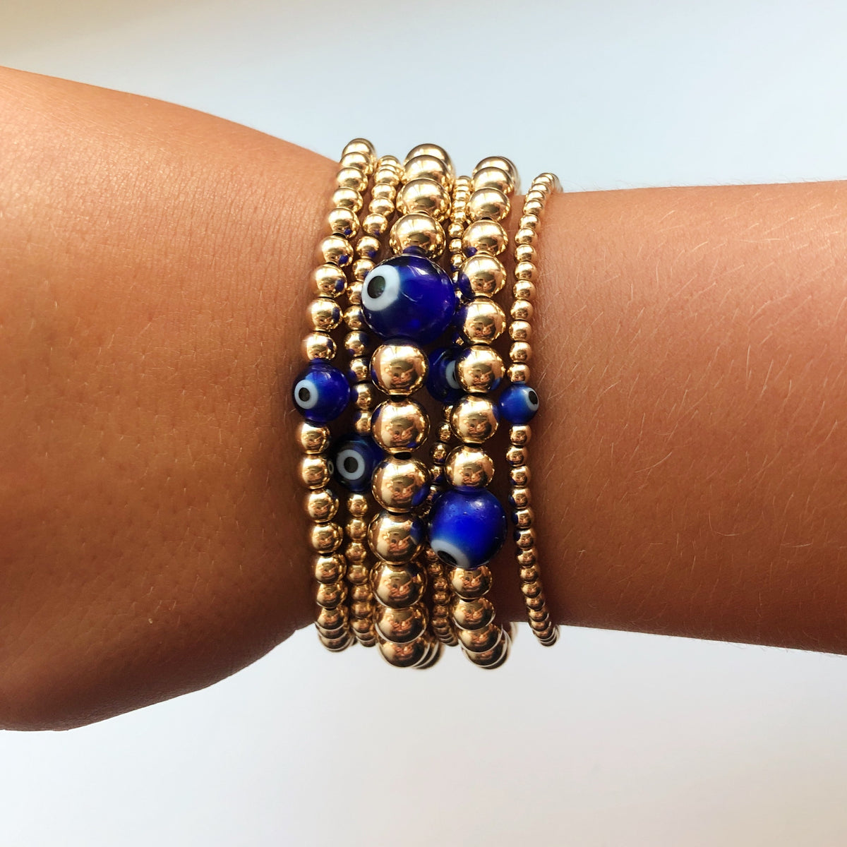 14k Evil Eye Large Gold Beaded Bracelet, 5mm 14k Gold Filled Beads, Solid  14k Evil Eye Charm, Boho Stretch Bracelet, Ward Off Evil #1642